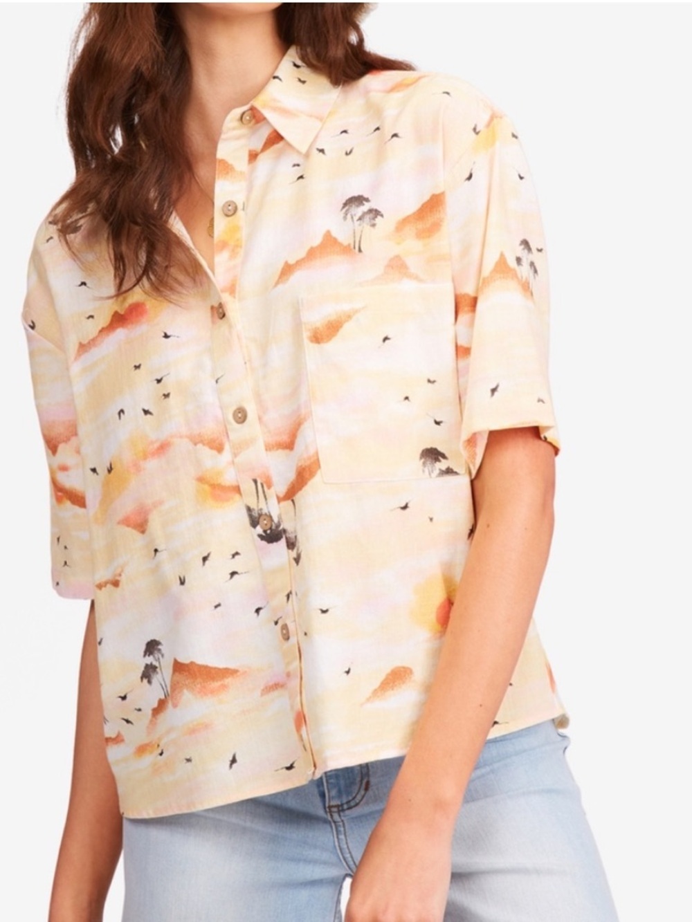 Billabong Mystic Beach Linen Blend Camp Shirt Button Down Size Small Tropical